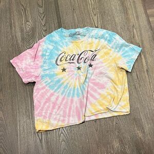 Coca Cola Tee Shirt Short Sleeves Cropped Spell Out Crew Tie Dye Pink Blue Large